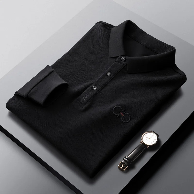 Premium 100% cotton long-sleeved T-shirt Mens lapel top spring fashion embroidery Korean casual polo shirt Mens wear 240820