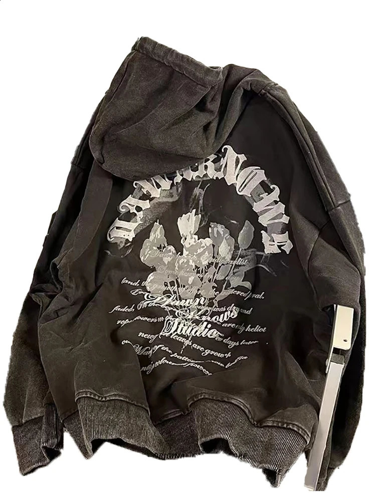 Womens Hoodie Zip-up Bouquet letter Print Hoodies Y2k clothing High Street sweatshirts for men Round Neck Vintage Dark 240814