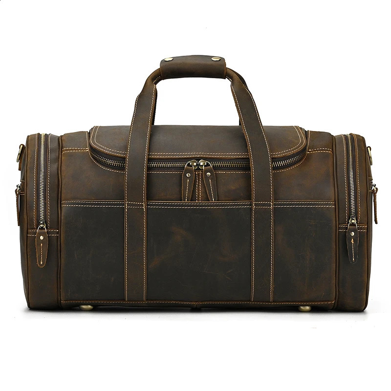 Fashion Genuine Leather Mens Travel Bag Cowhide Luggage Bag For Man Crazy Horse Leather Crossbody Hand Luggage Shoulder Bag 240819