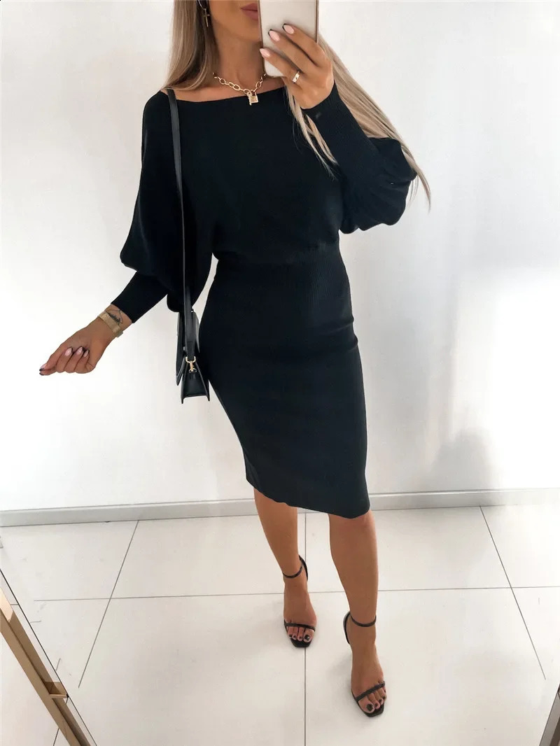 Spring Knitted Womens Dress Sexy Black Long Sleeve Bandage Midi Dresses Winter Fashion Skinny Elegant Ladies Clothes 240819