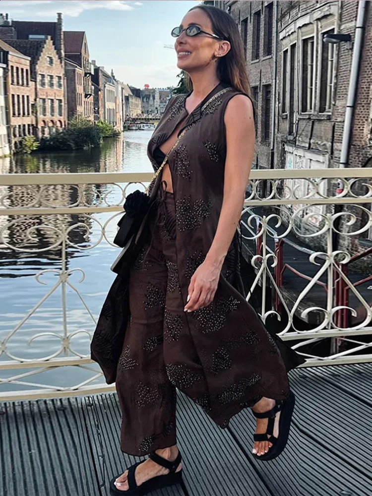 Chic Elegant Sequinned Womens Lace Up 2-piece Set Fashion Sleeveless Long Cardigan Loose Pants Suit 2024 Female High Streetwear 240819