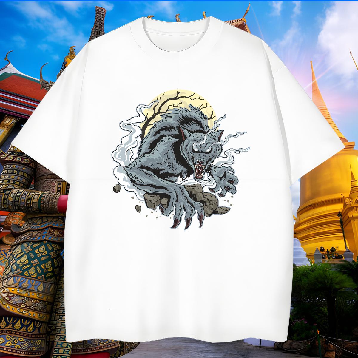 Loose T Shirt For Man wolf Breathable Short Sleeve Beach Plus Size Cartoon 230g 100% Cotton Men Clothes T-Shirt New Designer Tees