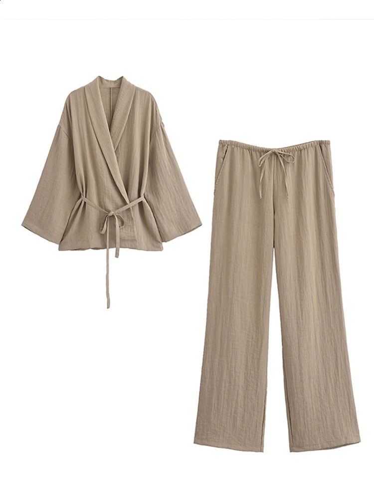 Fashion Solid Lace Up Cardigan Trouser Suits Women V-neck Flare Sleeve Loose Blouse High Waist Pants 2024 Spring Summer Sets 240819
