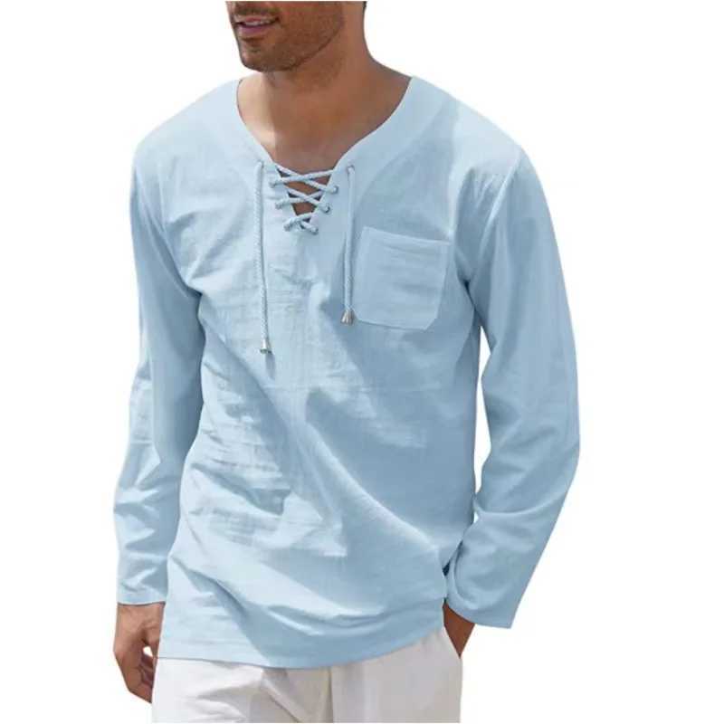 Summer New Mens Long Sleeves T-shirt Cotton Linen Clothes V Neck Lace-up Loose Tops Tees Shirt Beach Casual Pullover S-4XLXJ240819