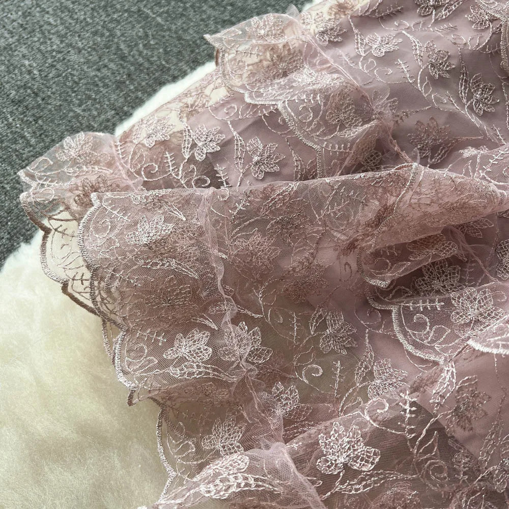 Summer Pink Lace Embroidery Mini Dress Female Short Sleeve High Waist Ruffles Elegant Runway Cascading Vestidos N6922 240819