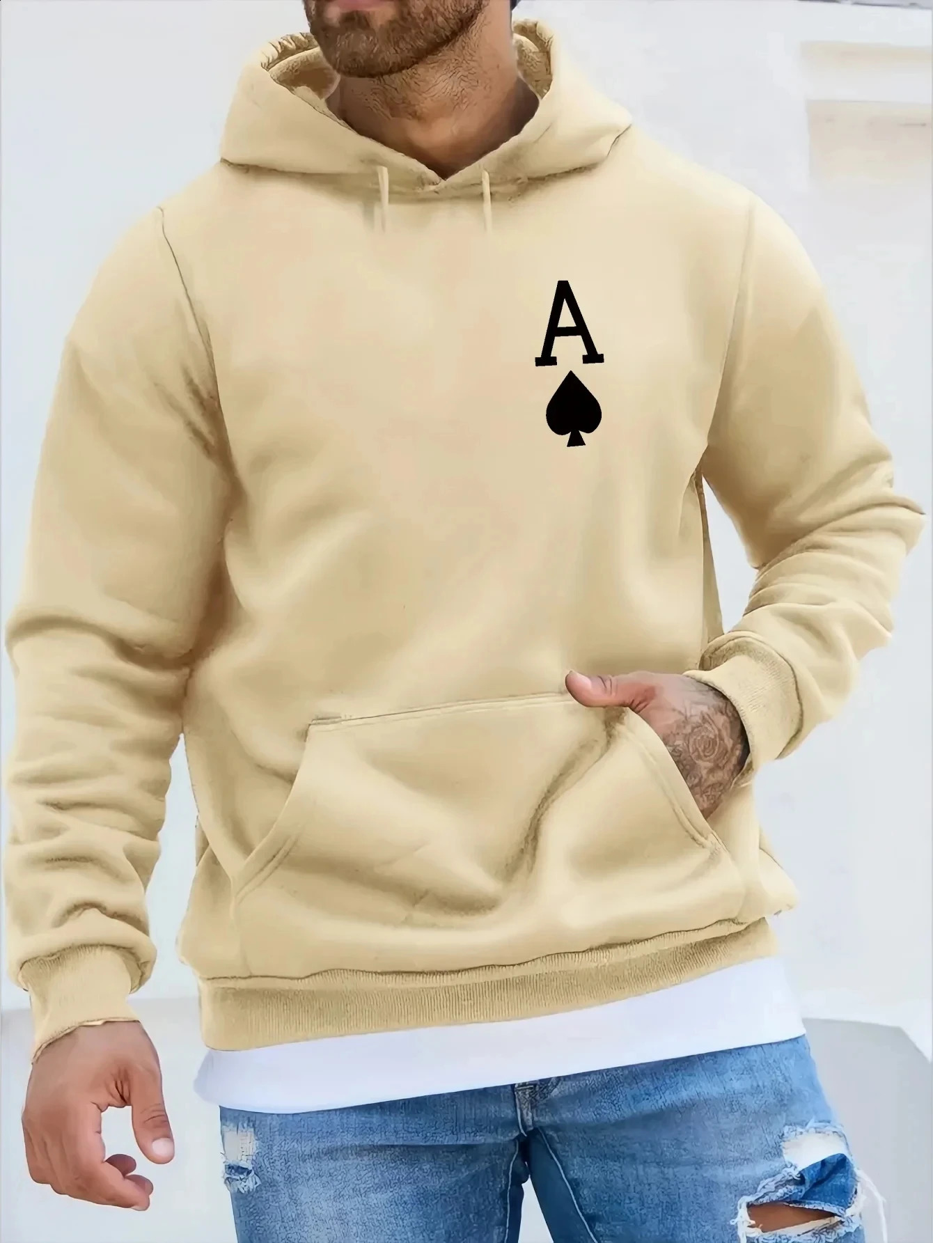 2024 Cold Poker Spade Mens printed casual Sweatshirt Kangaroo Pocket Long sleeve Fallwinter casual hooded streetwear 240814