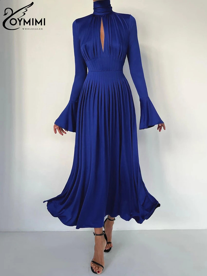 Oymimi Sexy Slim Blue Knitted WomenS Dress Fashion Turtleneck Long Sleeve Ankle Length Dress Elegant Pleated Hollow Out Dress 240819