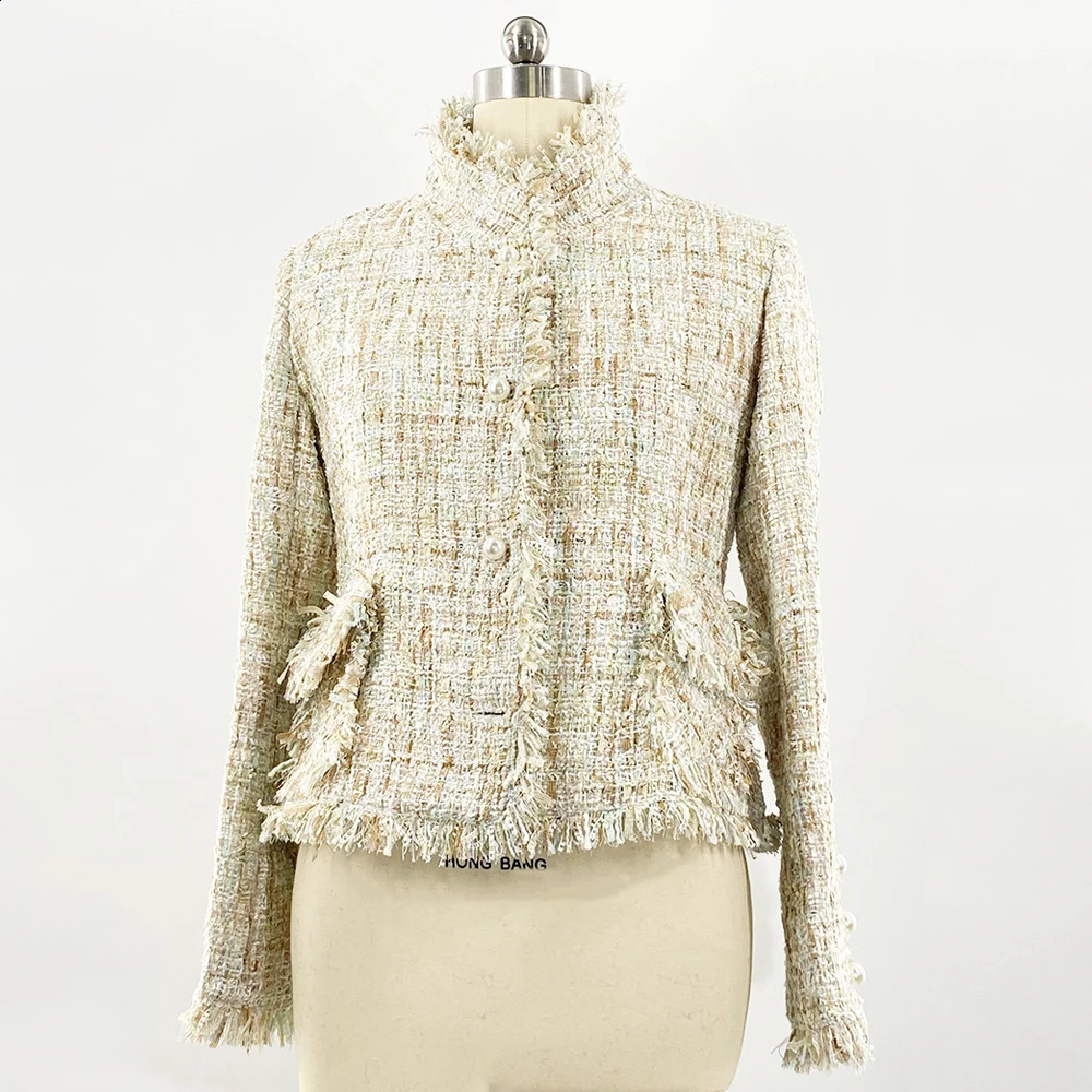 Pink tweed jacket for springautumnwinter womens classic wild wide silk woven 240819