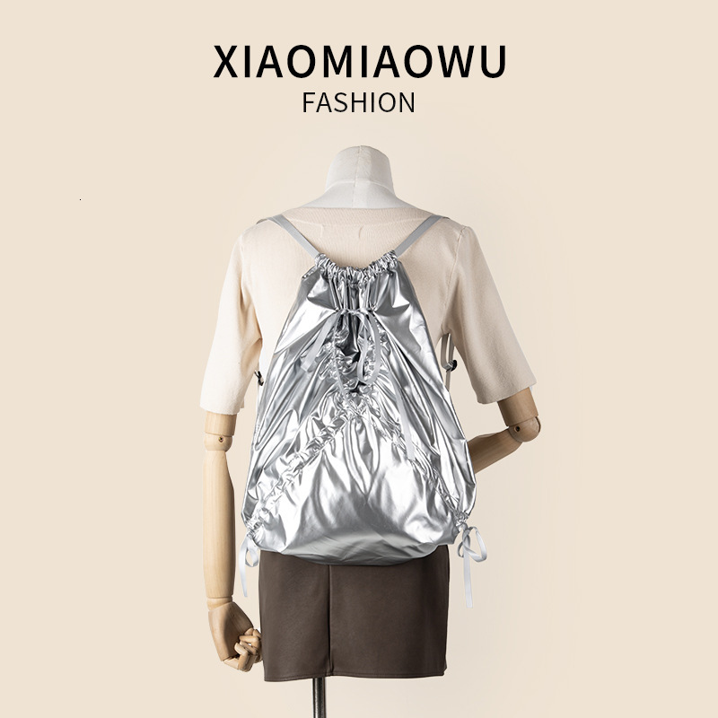 Korean version bow drawstring pocket for women, fashionable high-end, simple and casual backpack with large capacity