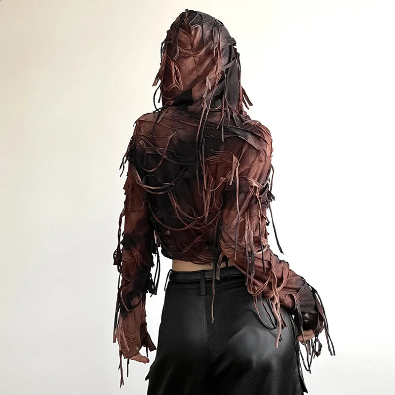 Yangelo Gothic dark patchwork work fringe fairy pleated hooded cardigan womens Y2K retro long sleeved ultrathin button crop top 240814