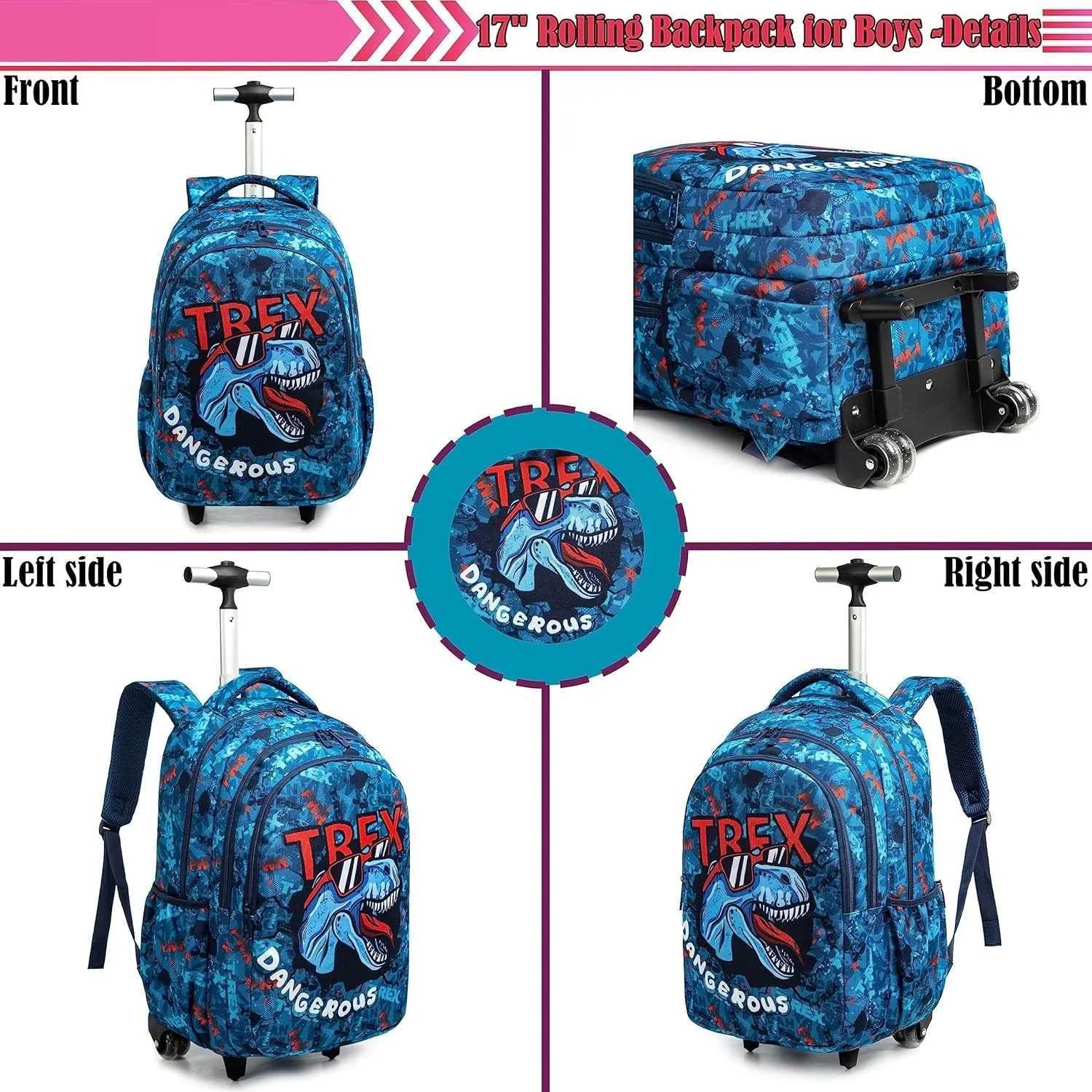 18 Inch School Bags Wheeled Backpack for Boys Girls Travel Rolling Backpack School Trolley Bag Set with Thermal Lunch Box Y240820