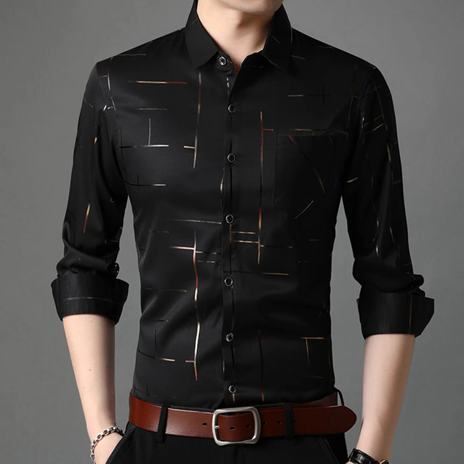 Slim Men Shirt Dress Long Sleeve Turn Down Collar Stripes Single breasted Business Shirt Top 240820