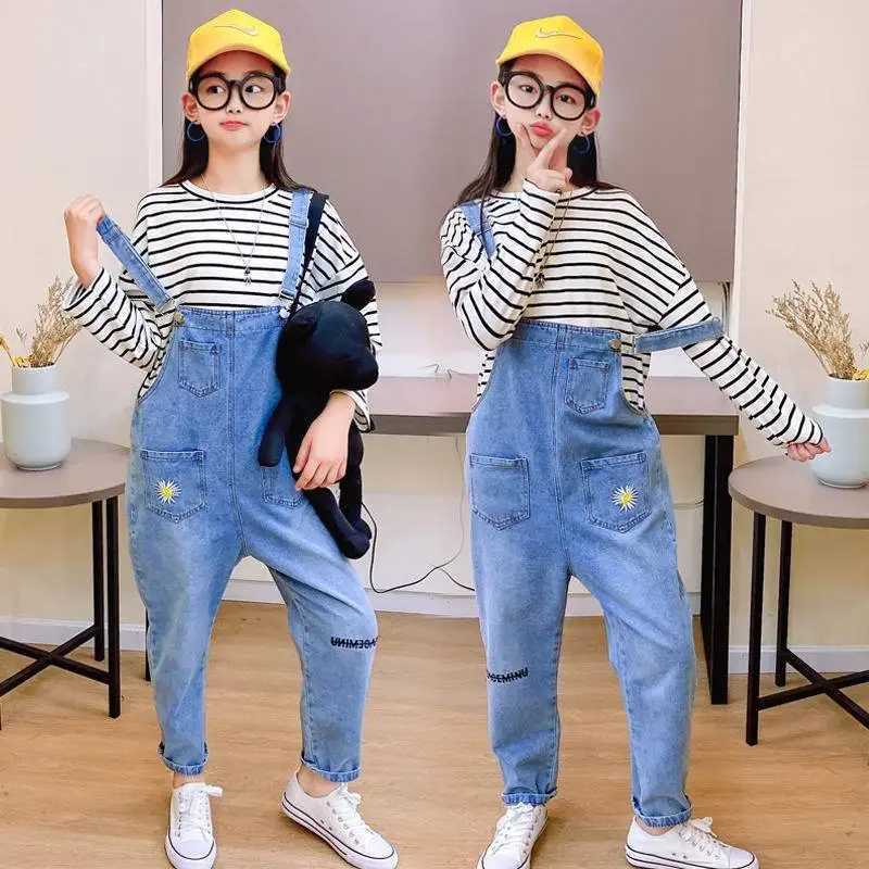Embroidered denim jeans jumpsuit girls childrens long pants girls game set one-piece for ages 4 5 6 7 8 9 10 11 and 12 W240806
