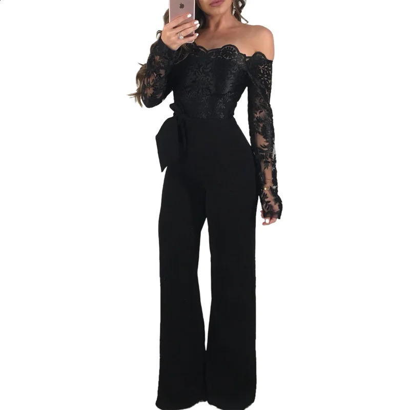 Appliques Lace Patchwork Jumpsuit Women Sexy Off Shoulder Slash Neck Long Sleeve Elegant Wide Leg Pants Jumpsuit Party Overalls i240820