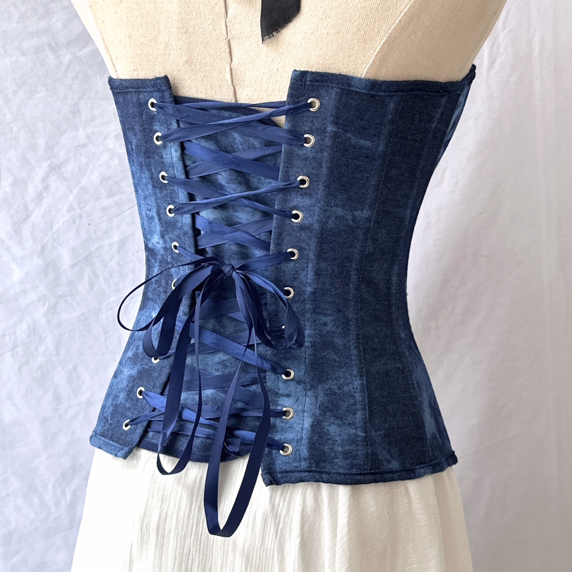 Retro Blue Denim Overbust Corset with Intricate Tie-Dye Pattern - Medieval Inspired Fashion S-3XL Plus Size for Cosplay and Renaissance Events