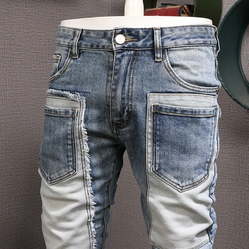 Autumn Winter Mens Retro Spliced Jeans Fashion Personalized Elastic Casual Pants y2k Clothes Pants Men Baggy Jeans 240819