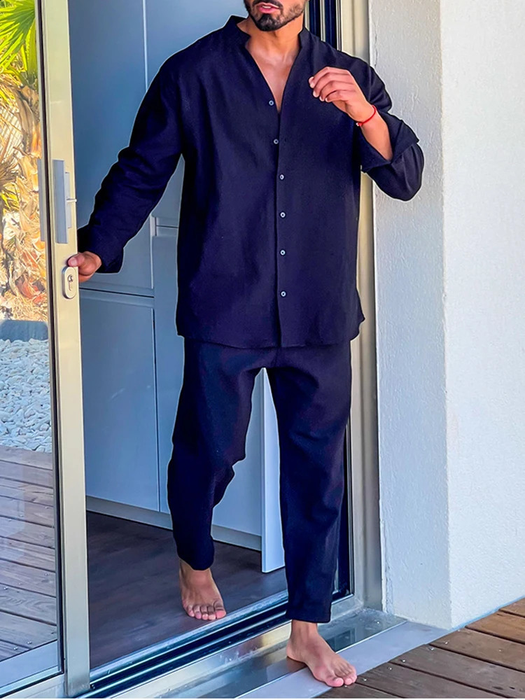2024 autumn casual mens two-piece long sleeved button up shirt top and pants set mens casual breathable cotton linen dress 240819