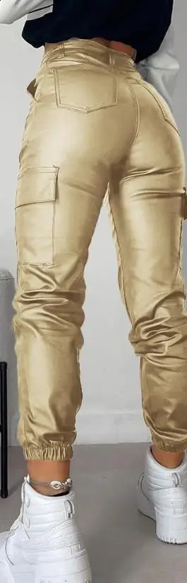Womens pants summer fashion pocket n Pu leather casual high waist daily long sleeved Y2K streetwear 240819