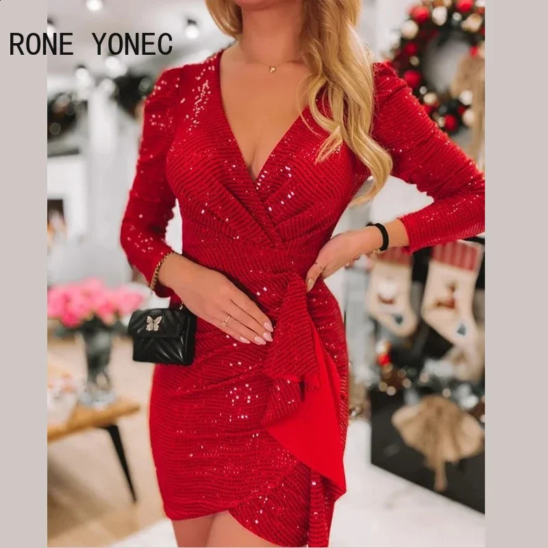 Women Solid Sexy V Neck Sequins Long Puff Sleeves Mini Bodycon Sexy Party Red Dresses 240819