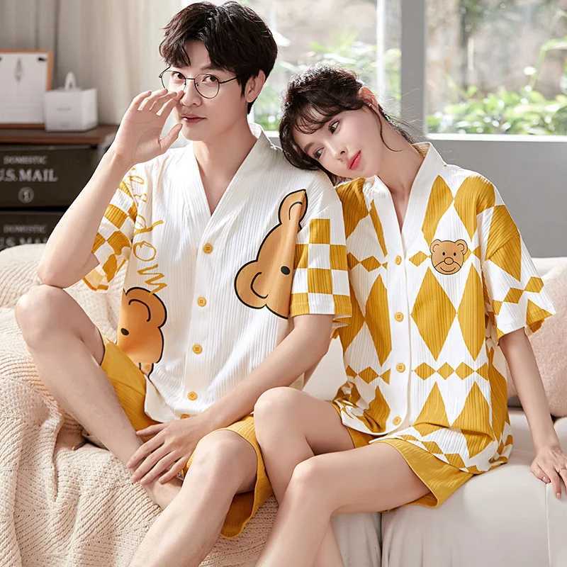 Summer couple pajamas set cartoon mens pajamas casual cotton short sleeved womens kimono pajamas mens unprinted pajamasW240719