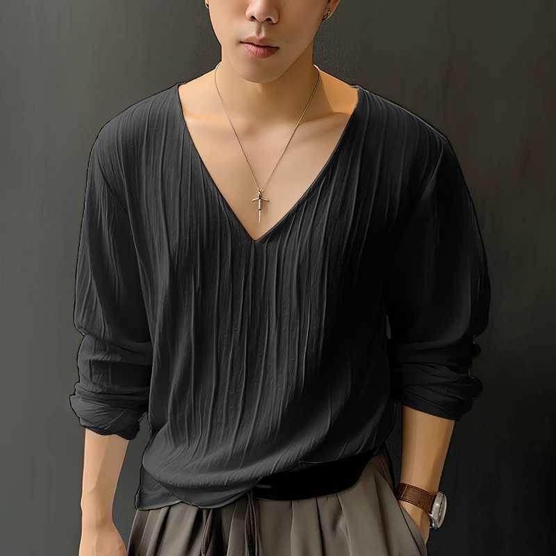 INCERUN Tops 2024 Korean Style Fashionable New Mens V-neck Pleated Camiseta Casual Solid Comfortable Long Sleeved T-shirts S-5XLXJ240819