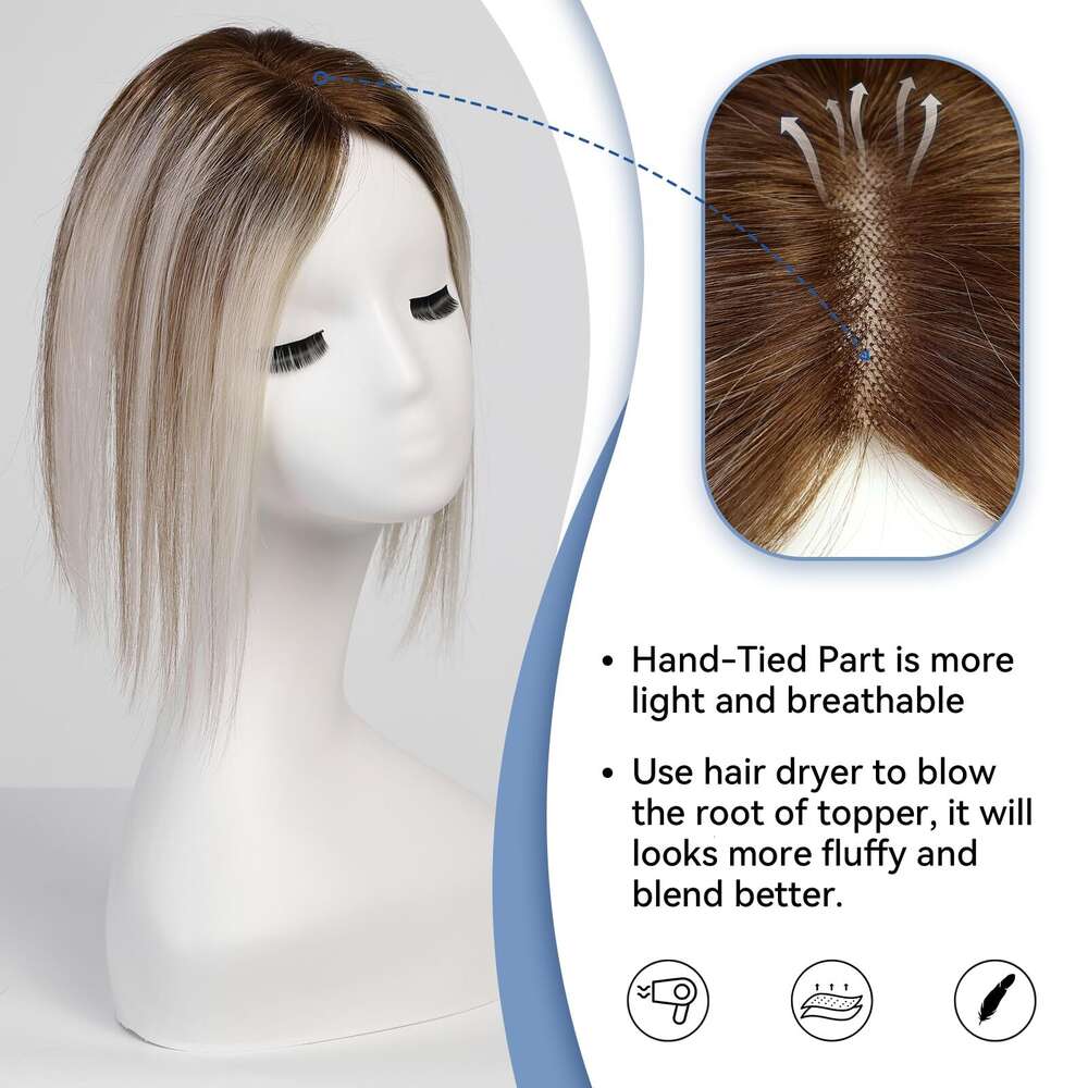 100% Remy Human Toppers Silk Base Clip Pieces Brown Ombre Grey Ash White Hairs Topper In Extension For Women Hair Loss