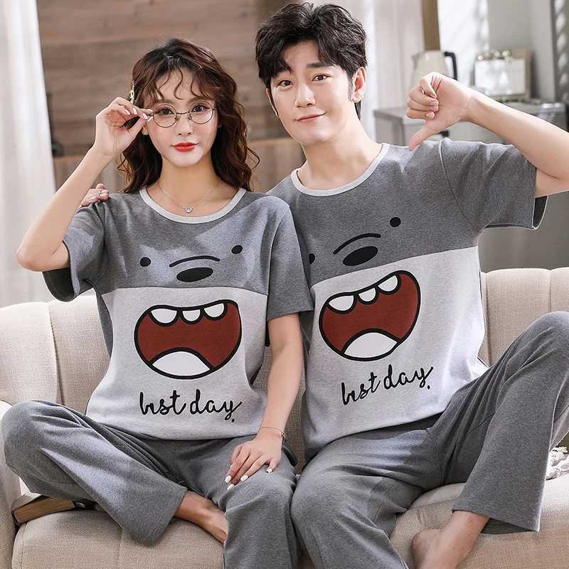 Summer couple pajama set womens spring pajama cartoon dinosaur Korean couple homemade cotton short sleeved pajamaW240719