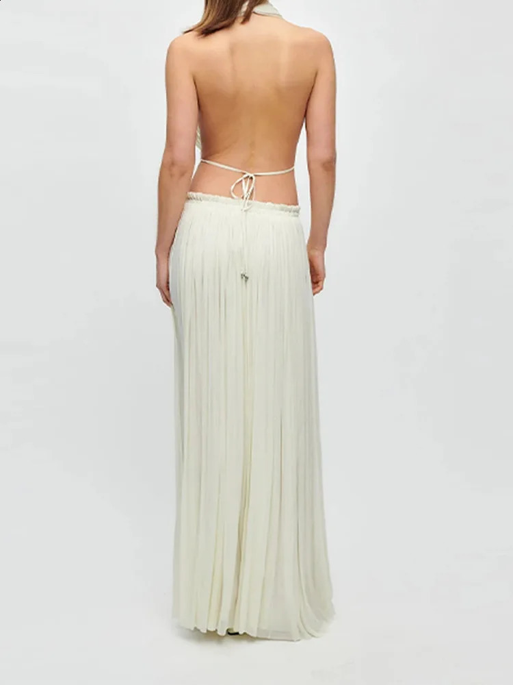 Elegant Pleated Backless Halter Top Skirt Sets Women Sexy Deep V Neck Lace Up Tank High Waist Long Skirt Suits Lady Beach Outfit 240813