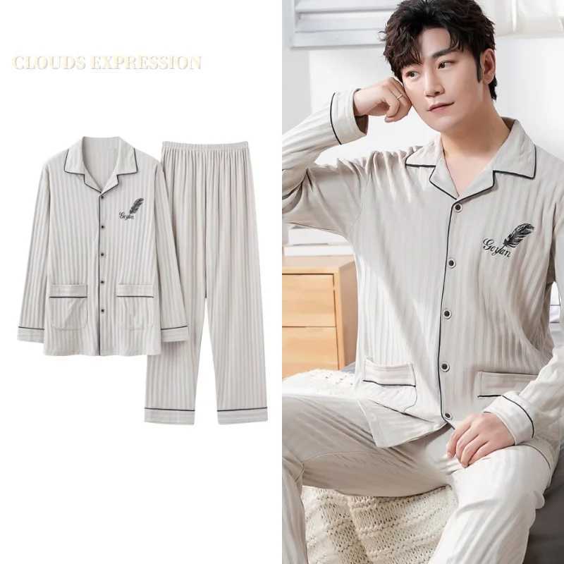 L-5XL Autumn Luxury Pajama Knitted Cotton Mens Pajama Set Long Sleeve Pajama Plus Size Pajama PJW240719
