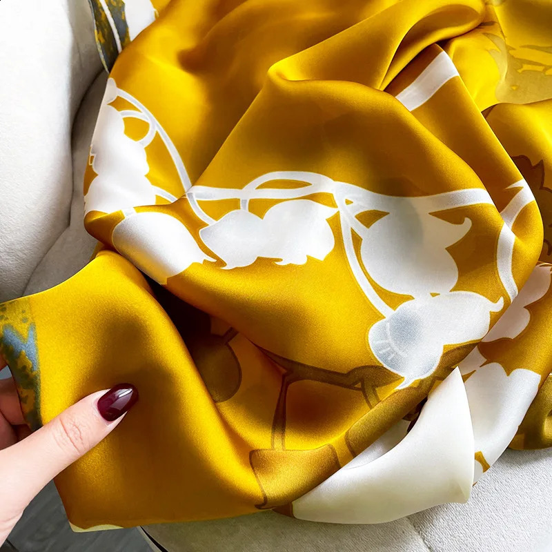 Elegant long headband with yellow floral silk scarf womens shawl wrapped in basic headscarf Bufanda womens beach stone scarf 240805