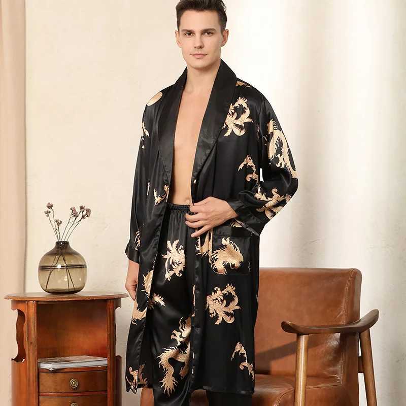 Mens satin pajamas robes and pants Dagong pajamas set printed mens pajamas and kimono bathroom gowns synthetic silk lounge clothing home clothingW2407