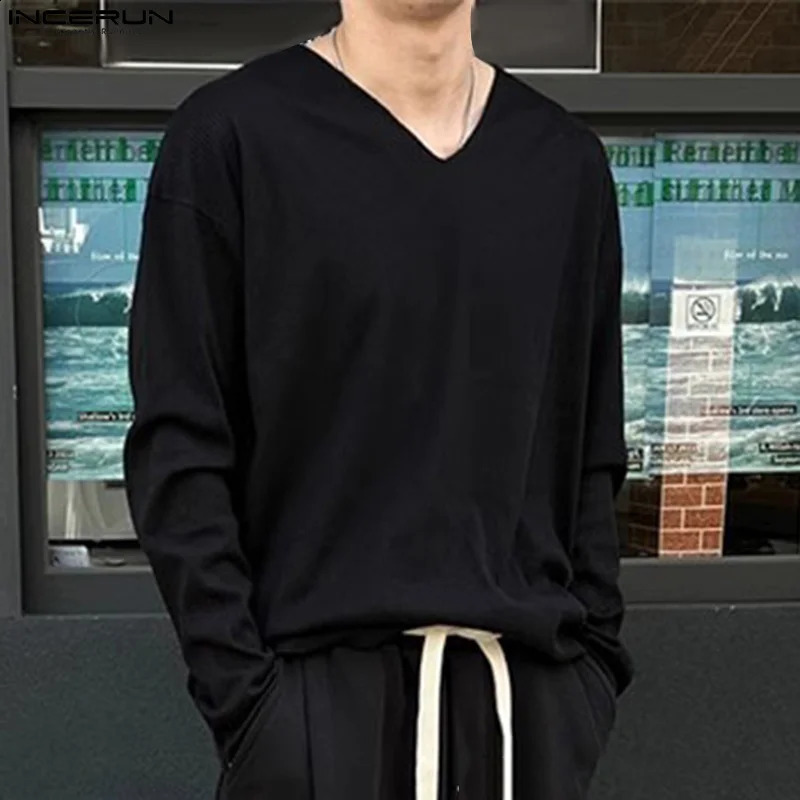 Men Casual T Shirt Solid Color V Neck Long Sleeve Knitted Fashion Men Clothing Streetwear Leisure Tee Tops S-5XL INCERUN 240820
