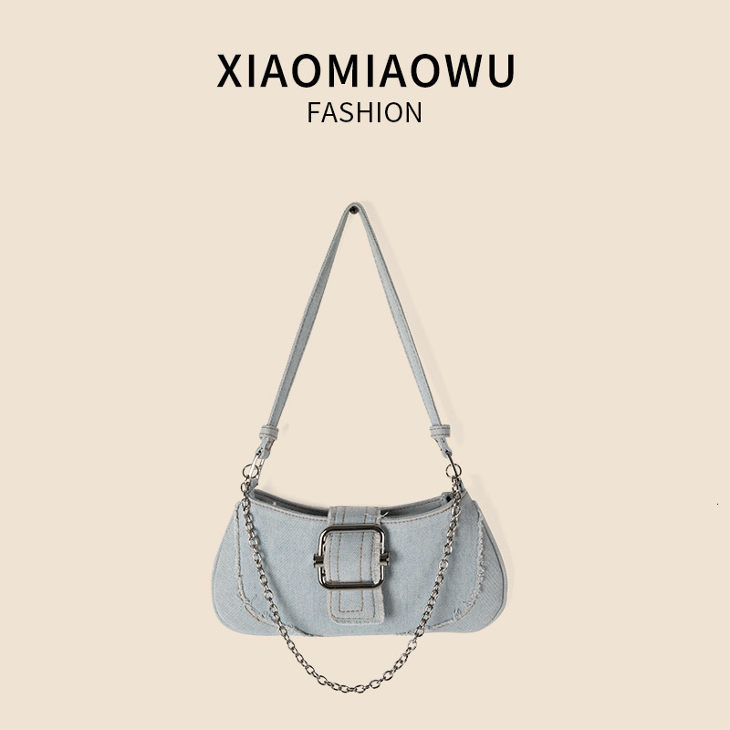 New trendy chain denim shoulder girls, high-end and niche style, underarm bag summer, versatile for women