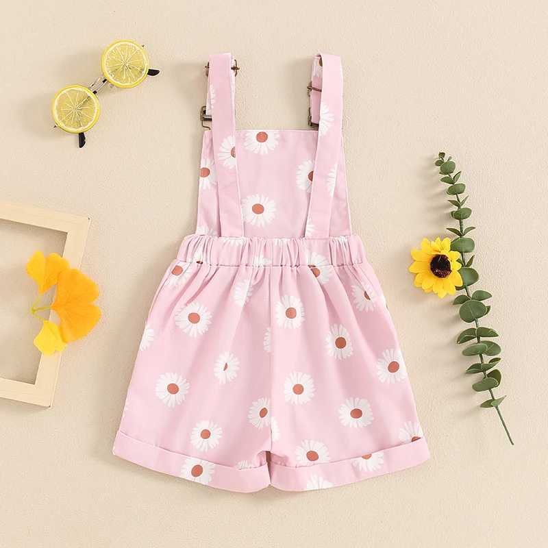 Children toddlers girls summer short sleeved print sleeveless buttons adjustable shoulder straps jumpsuit with pockets W240806