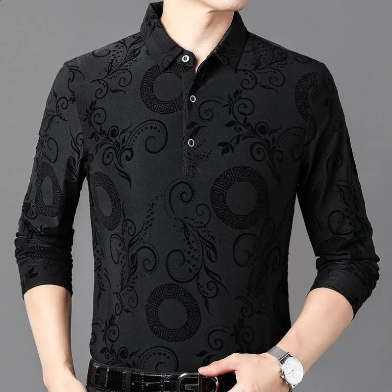 Autumn Mens Long Sleeve Turn-down Collar Button Fashion Business Loose Large Solid Color Printed Pullover Polo Shirts Tops 240820