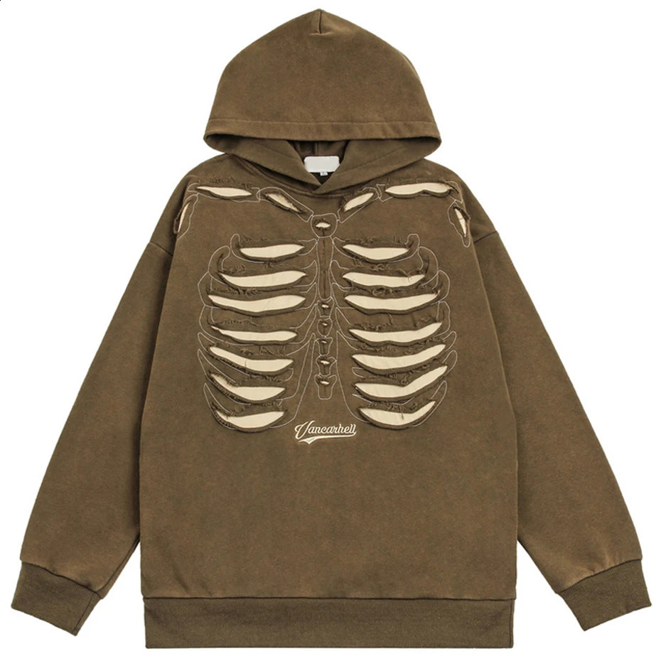 Punk Skeleton Ripped Hoodie for Men Washed Vintage Oversized Pullover Hoodies Hip Hop Streetwear Harajuku Y2K Hooded Sweatshirt 240819