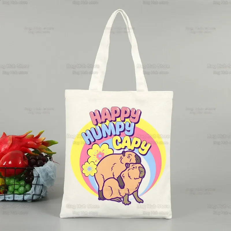 Interesting animal Capybara cartoon cute womens canvas handbag ecofriendly shopping bag shoulder folding beach 240820