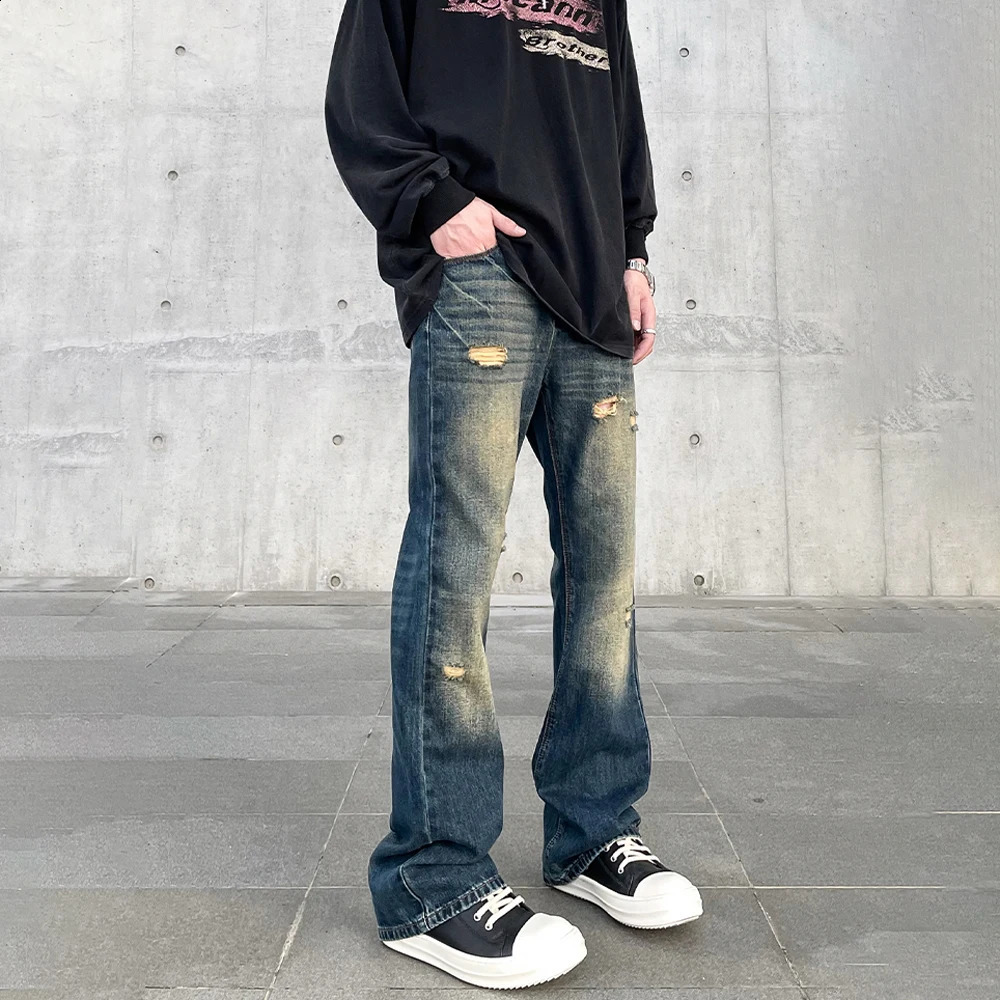 Ripped Jeans Men Streetwear Y2k Autumn Slim Casual Fashion Trousers Vintage Blue Flared Distressed Winter Fit Street Denim Pants 240819