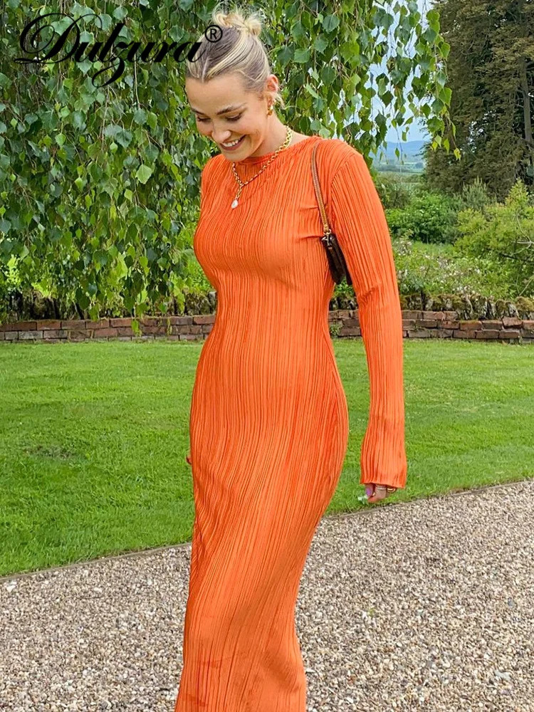 Dulzura Autumn Striped Ruched Ruffle Sexy Y2K Clothes Long Sleeve Bodycon Midi Dresses For Women Club Party Elegant Outfit 240819