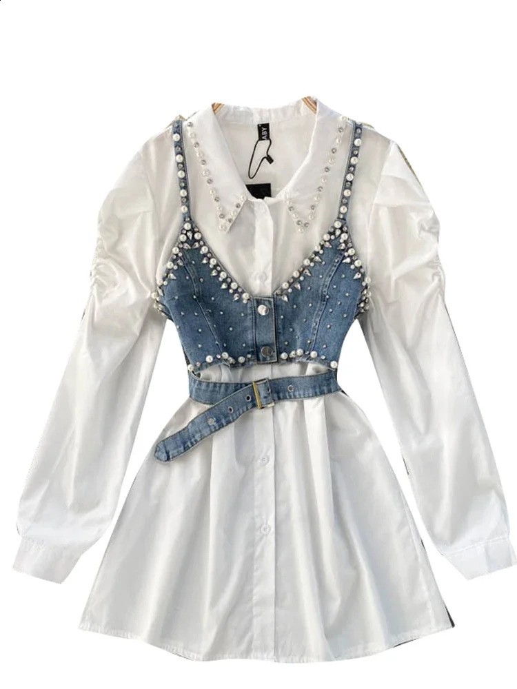 Spring and Autumn Warm Shirt Womens Collar Beaded Stacked Beads Blusa Strap Waist Coat C Fashion Two piece C814 240819