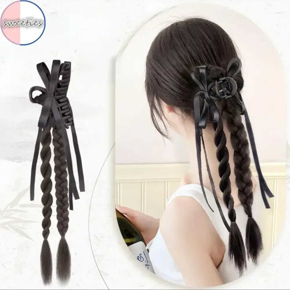Chinese style synthetic fiber ribbon bow twisted brain ponytail clip in female simulated boxing brain ponytail extension W240817