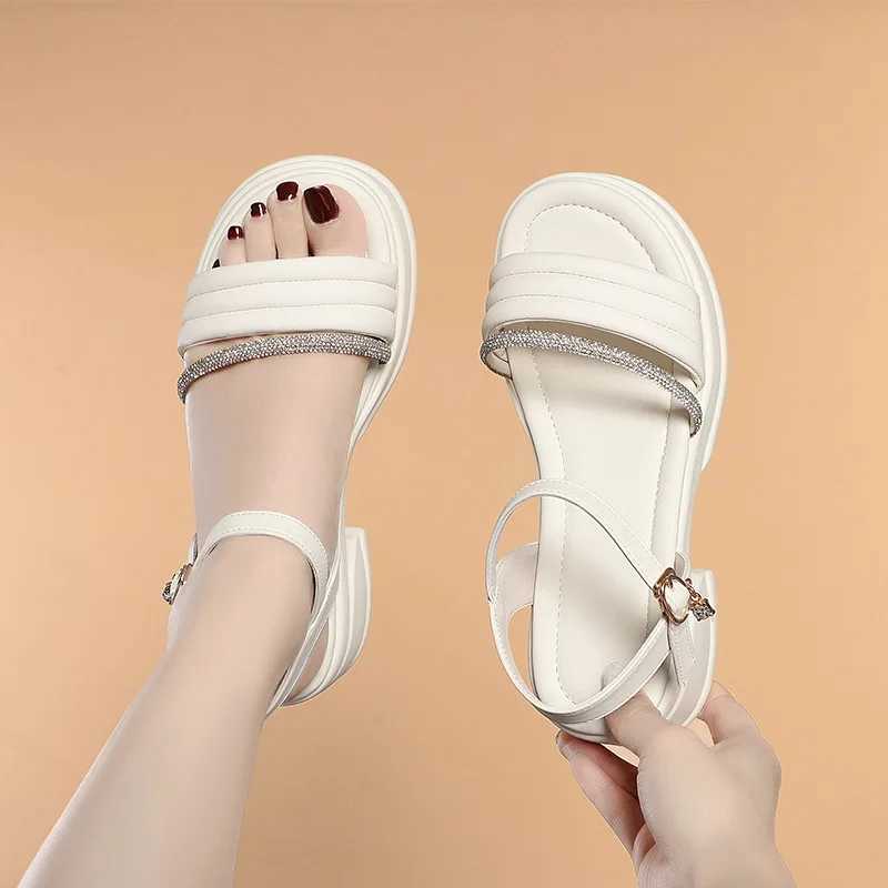 Comfortable Rhinestone Soft Leather Shoes Platform Sandals Summer 2024 Womens Med Square Heels Sandals For Office Mom Elegant CL240806