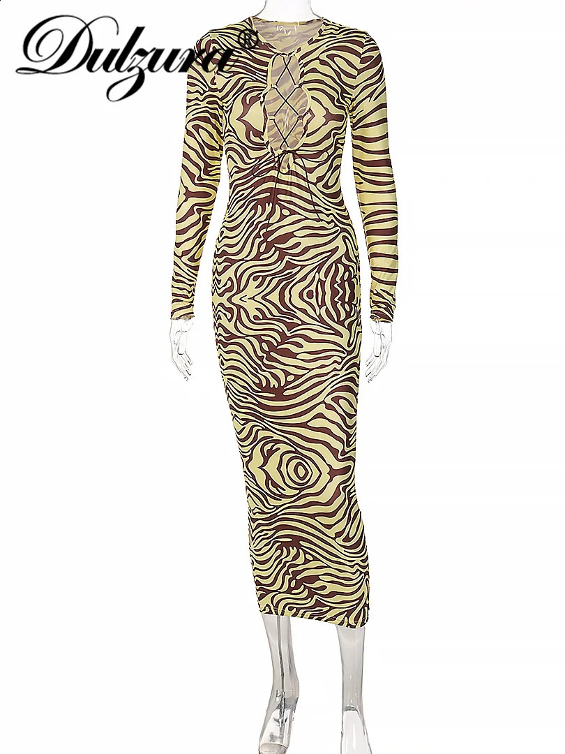 Dulzura Zebra Print Women Long Sleeve Lace Up Hollow Out Midi Dress Bodycon Sexy Streetwear Party Club Festival Clothes 240819