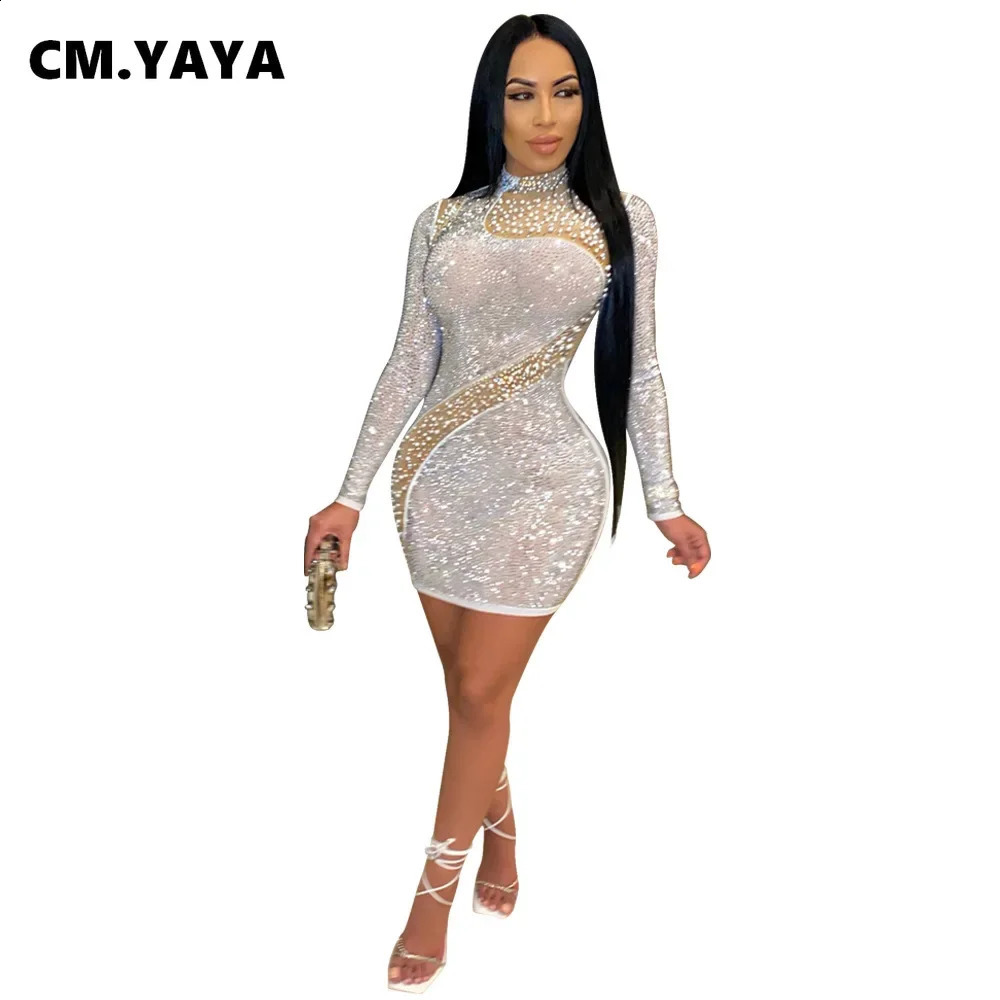 CM.YAYA Autumn Winter Sequins Beading Mesh Splicing Women Mini Dress Long Sleeve Bandage Bodycon Night Club Sexy Midi Dresses 240819
