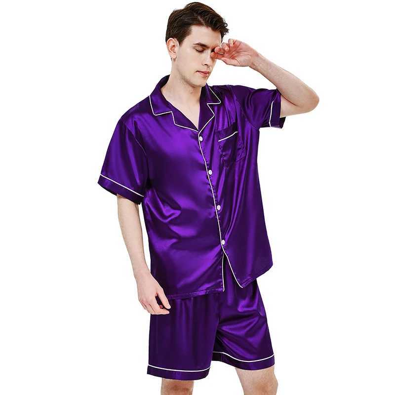 Ice silk pajamas mens short sleeved pajamas summer solid color pajamasW240719