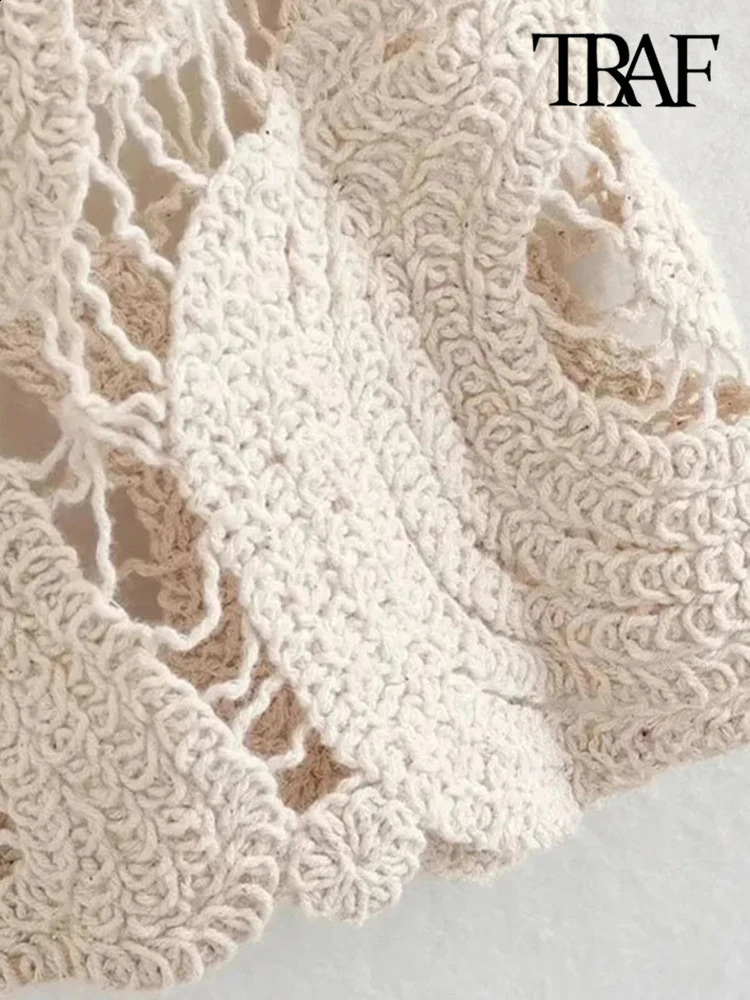 TRAF womens fashionable cut semi wool crochet knitted sweater sexy Oneck long sleeved floral top 240819