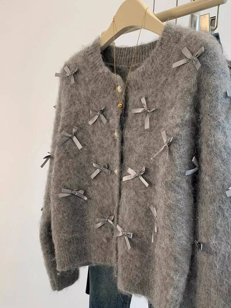 Grey bow sweater AutumnWinter Womens high temperature soft Mohair knitted cardigan perfume coat casual top 240819