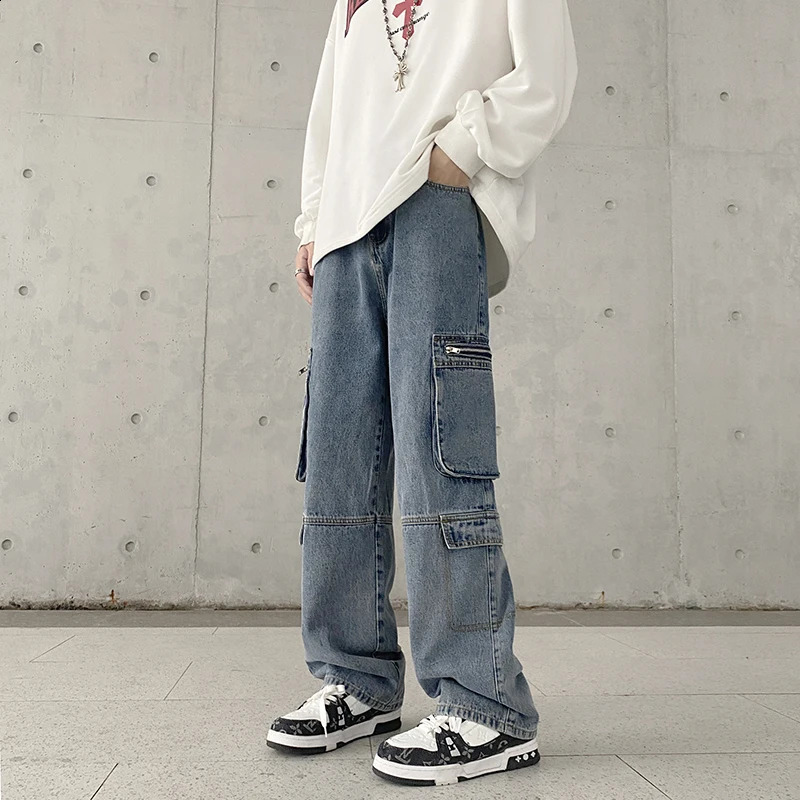 American style multi pocket jeans mens straight loose fashion personalized workwear pants all season non elastic 240819