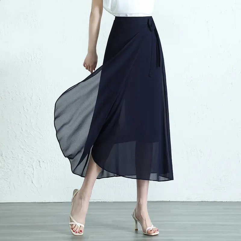 Summer Mid-Long Chiffon Skirt Women 2024 Fashion Loose Thin Culottes Black Elegant Skirts High-Waisted Lace-up Skirt Female 240820