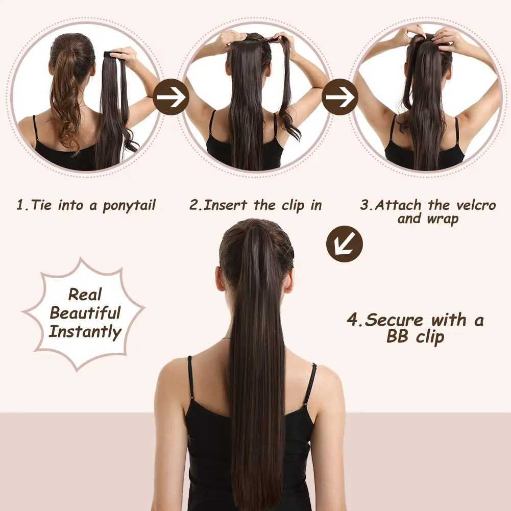 A long ponytail with straight human hair sandwiched in the ponytail. The entire length of human hair is wrapped around the ponytail W240817